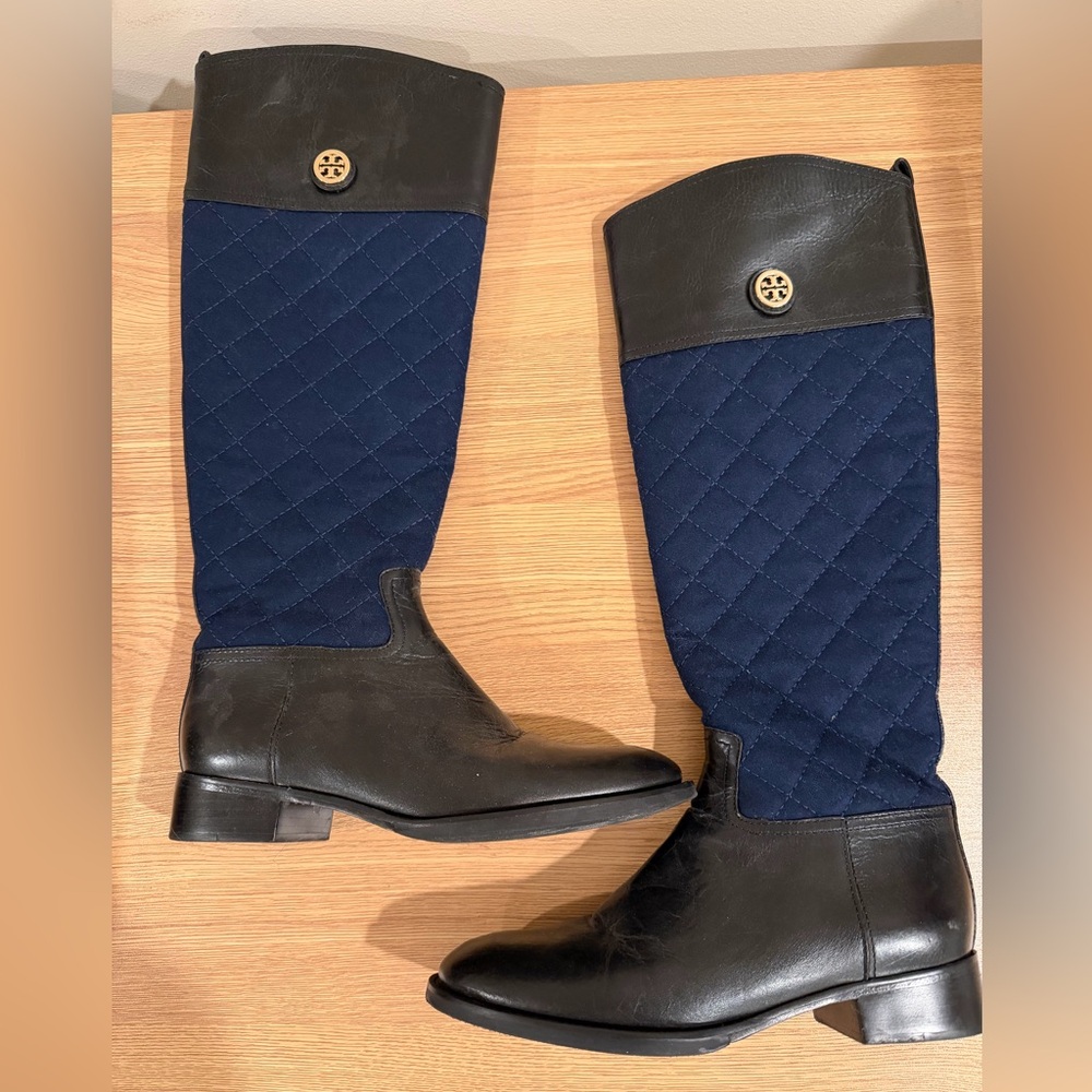Tory Burch Rosalie Riding Boots – Black Leather w/ Blue Quilted Detail – Size 7